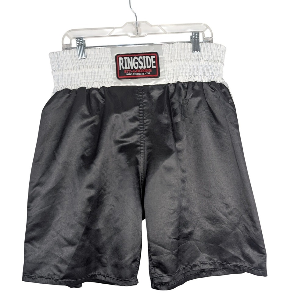 Ringside Boxing Shorts Mens Large Black White Satin Star Trunks Training 1300